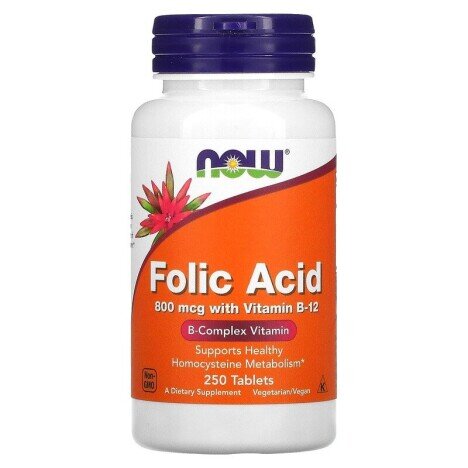 NOW Foods Folic Acid with Vitamin B12, 800mcg - 250 Tablete